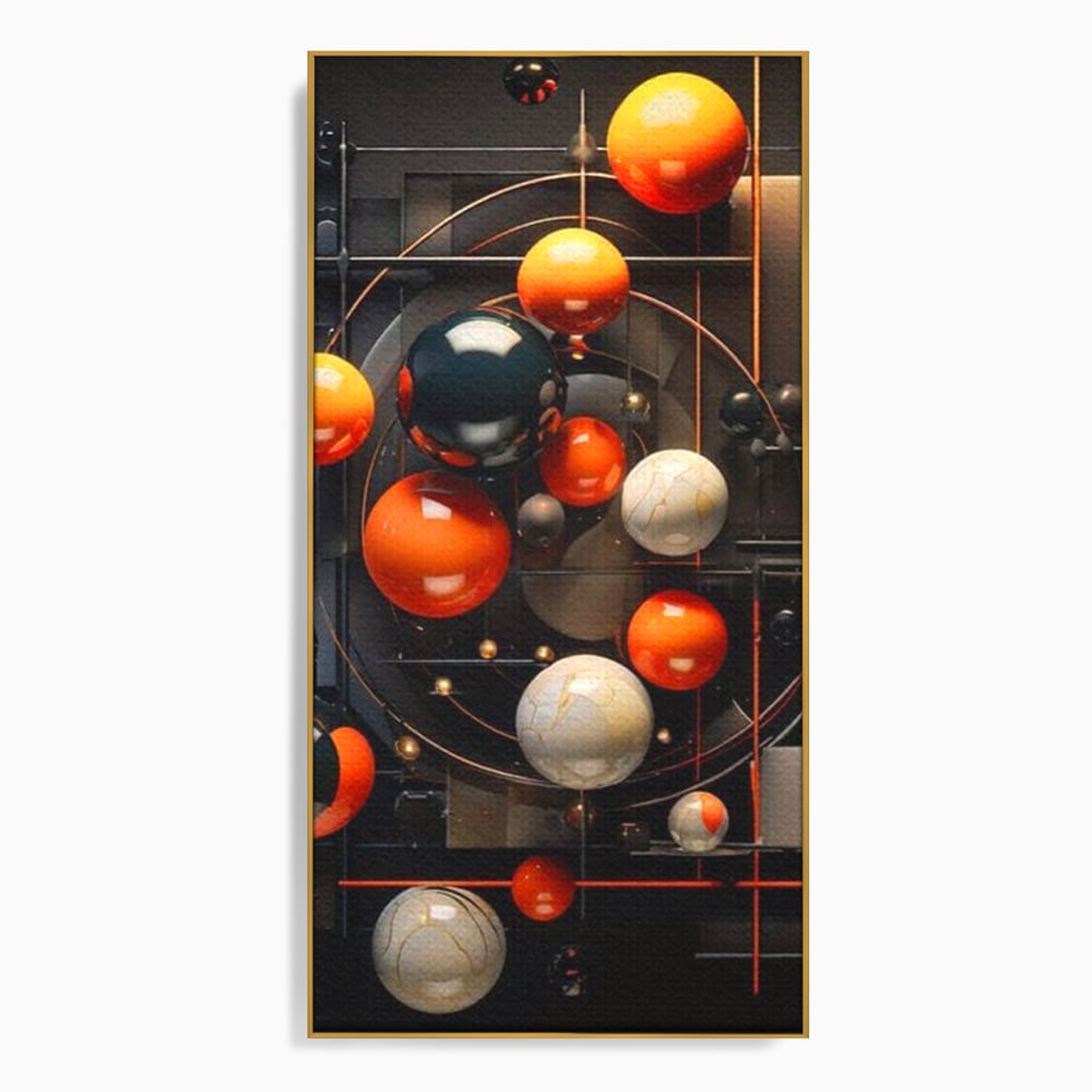 Tablou canvas cu ilustratie abstracta cu planete si orbite, in rama de aluminiu auriu