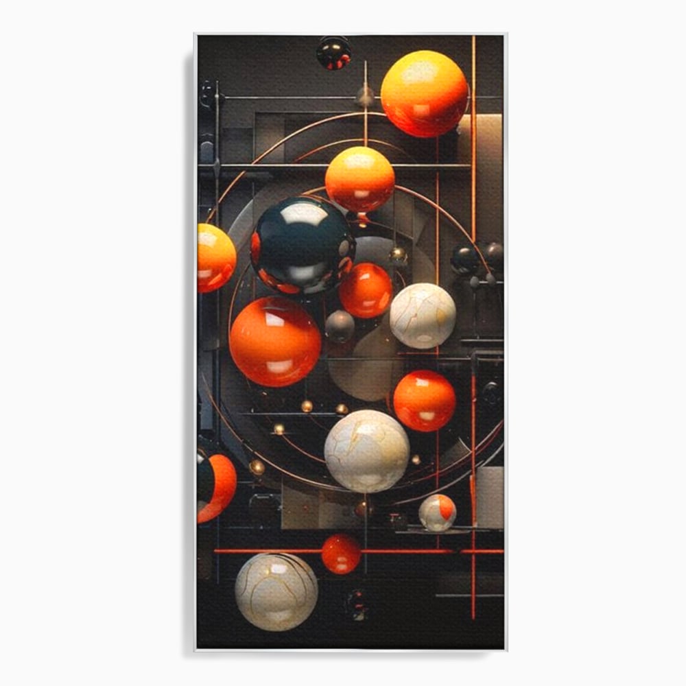 Tablou canvas cu ilustratie abstracta cu planete si orbite, in rama de aluminiu argintiu