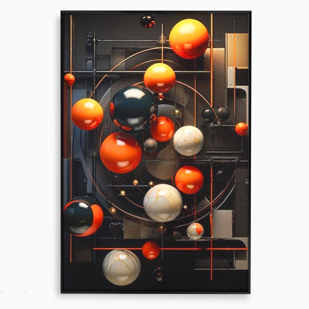 Tablou canvas cu ilustratie abstracta cu planete si orbite, in rama de aluminiu negru