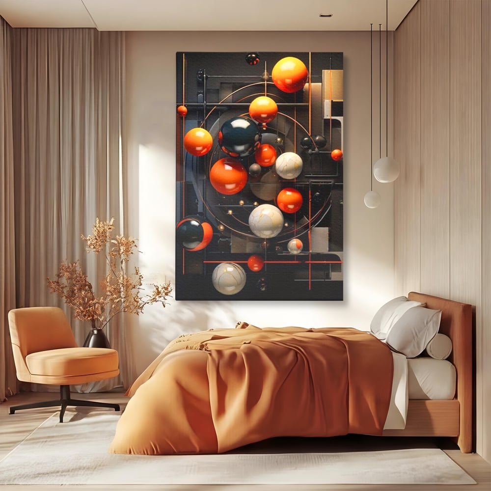 Tablou canvas cu ilustratie abstracta cu planete si orbite, fara rama, pe sasiu de lemn, pe perete intr-un dormitor