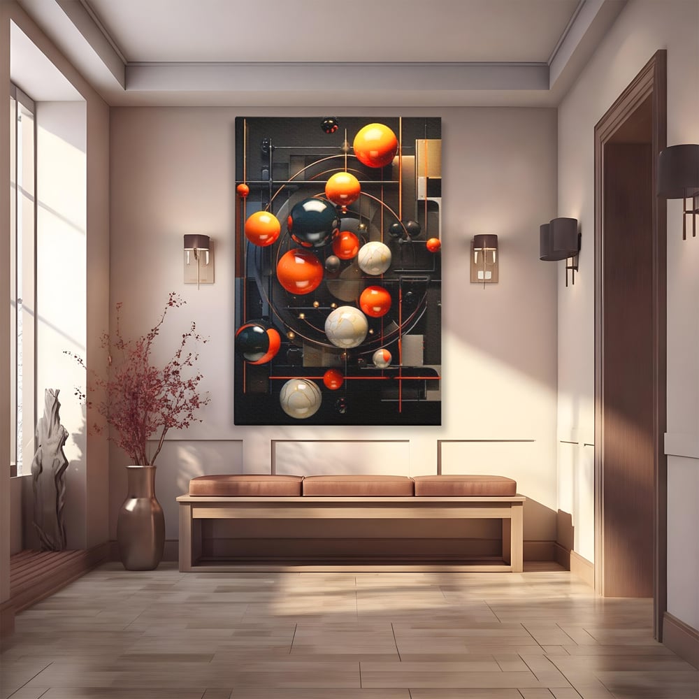 Tablou canvas cu ilustratie abstracta cu planete si orbite, fara rama, pe sasiu de lemn