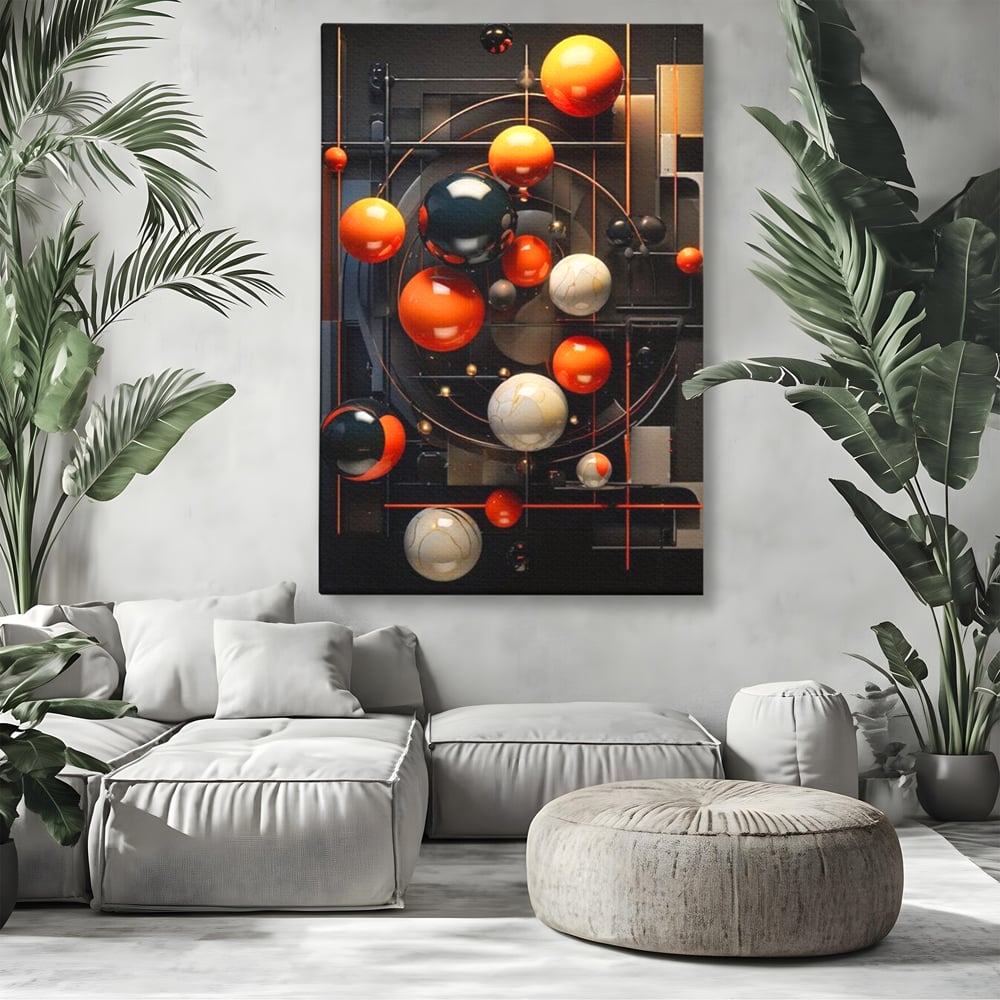 Tablou canvas cu ilustratie abstracta cu planete si orbite, fara rama, pe sasiu de lemn, pe perete intr-un living