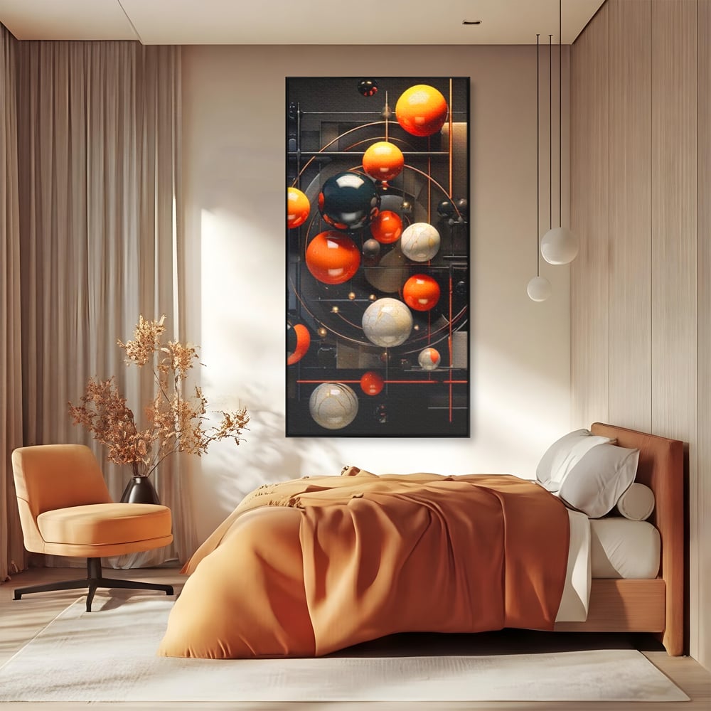 Tablou canvas cu ilustratie abstracta cu planete si orbite, in rama de aluminiu negru, pe perete intr-un dormitor