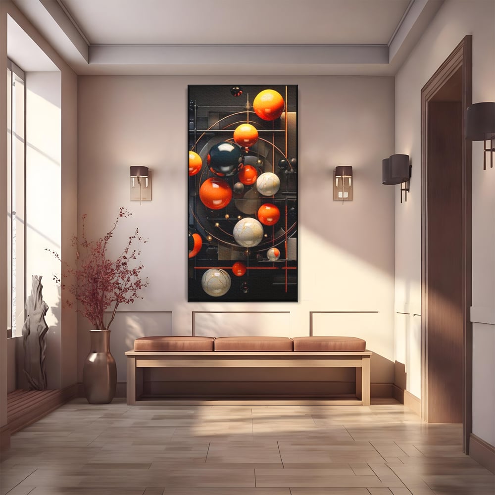 Tablou canvas cu ilustratie abstracta cu planete si orbite, in rama de aluminiu negru