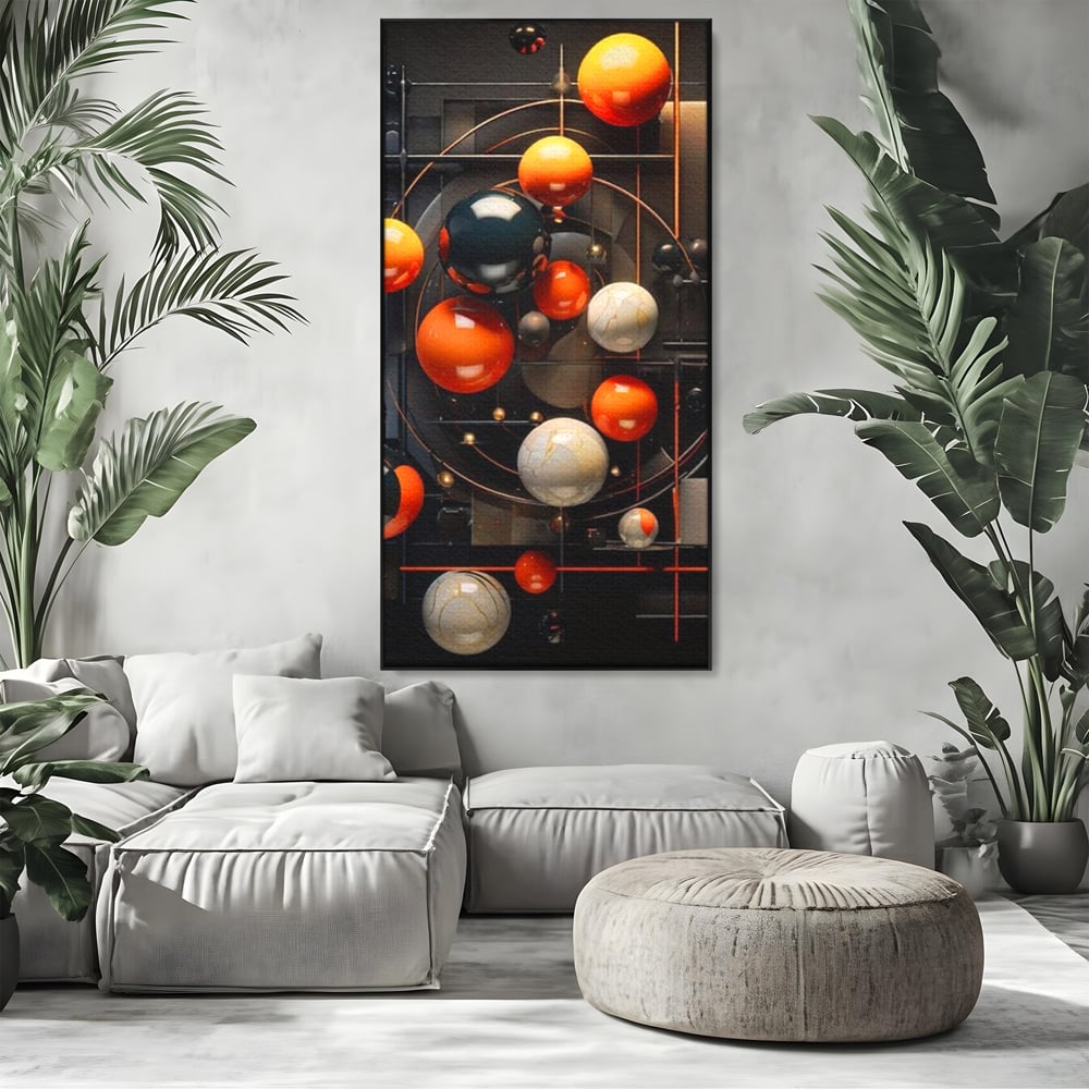 Tablou canvas cu ilustratie abstracta cu planete si orbite, in rama de aluminiu negru, pe perete intr-un living