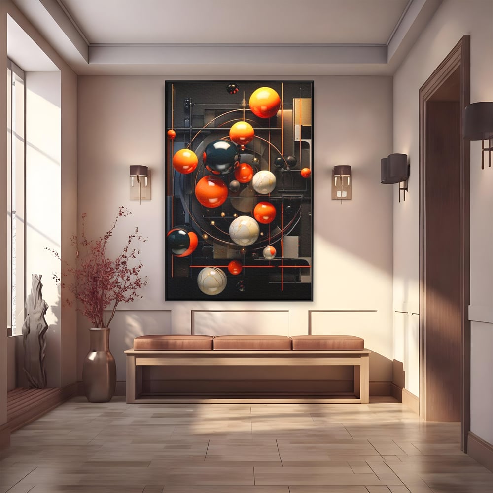Tablou canvas cu ilustratie abstracta cu planete si orbite, in rama de aluminiu negru