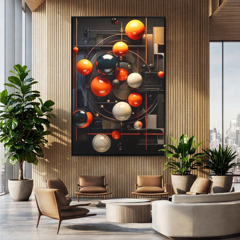 Tablou canvas cu ilustratie abstracta cu planete si orbite, in rama de aluminiu negru, pe perete intr-un birou
