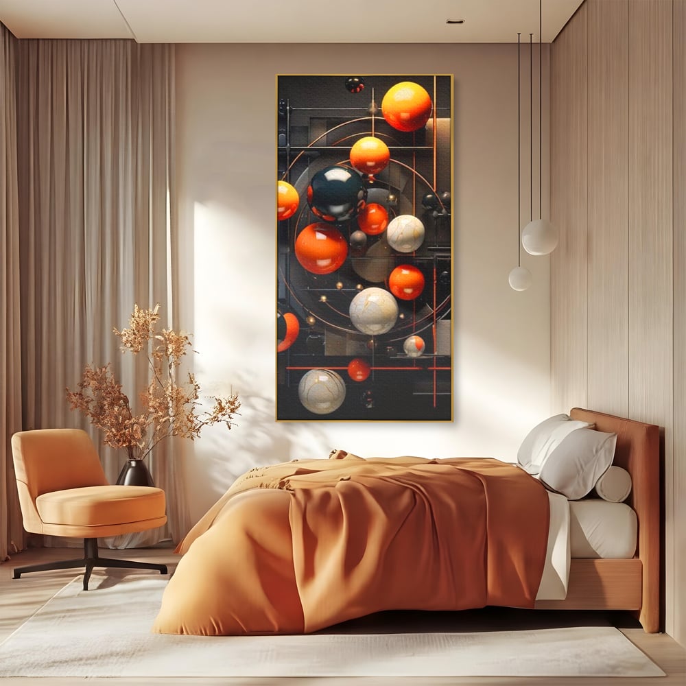 Tablou canvas cu ilustratie abstracta cu planete si orbite, in rama de aluminiu auriu, pe perete intr-un dormitor