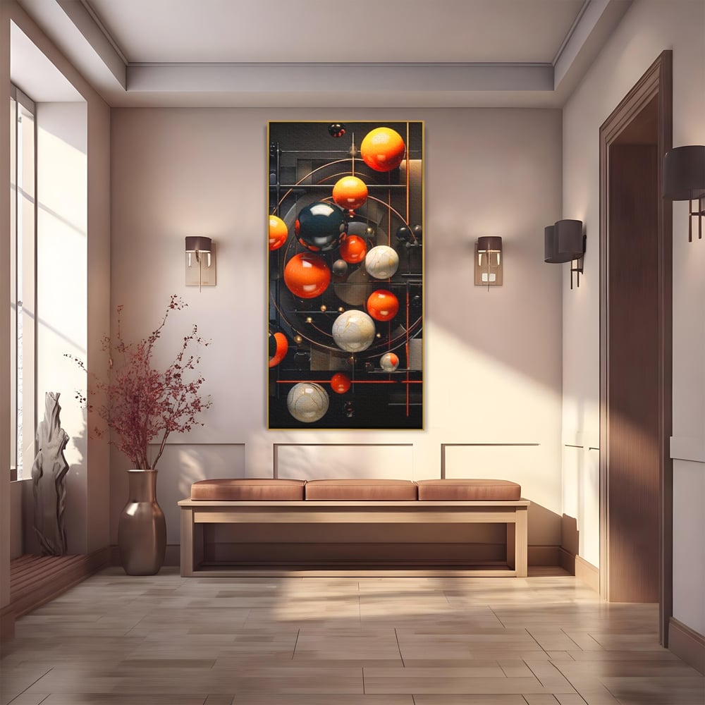Tablou canvas cu ilustratie abstracta cu planete si orbite, in rama de aluminiu auriu