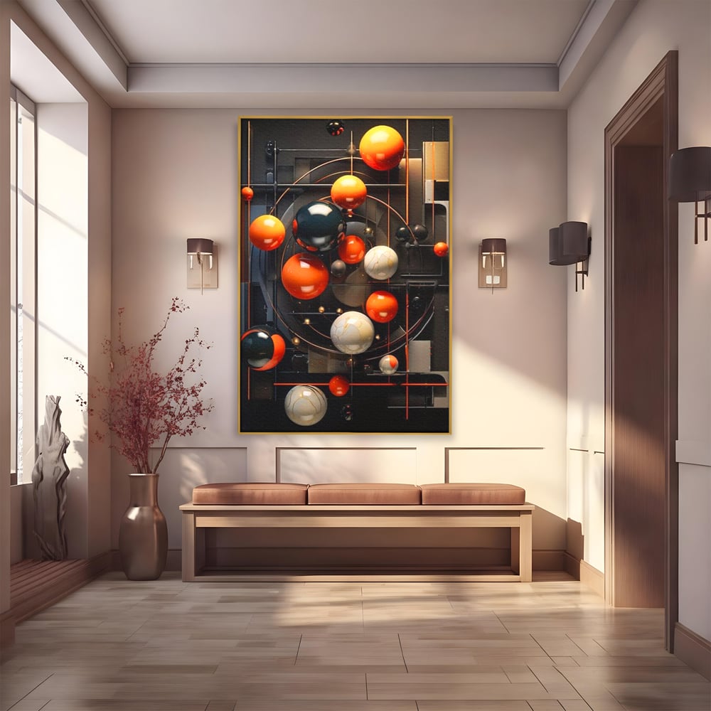 Tablou canvas cu ilustratie abstracta cu planete si orbite, in rama de aluminiu auriu