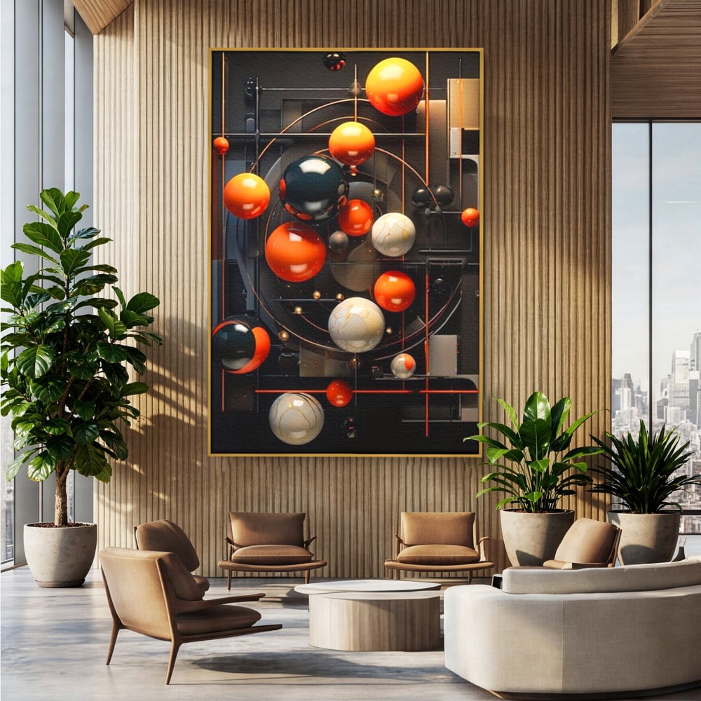 Tablou canvas cu ilustratie abstracta cu planete si orbite, in rama de aluminiu auriu, pe perete intr-un birou