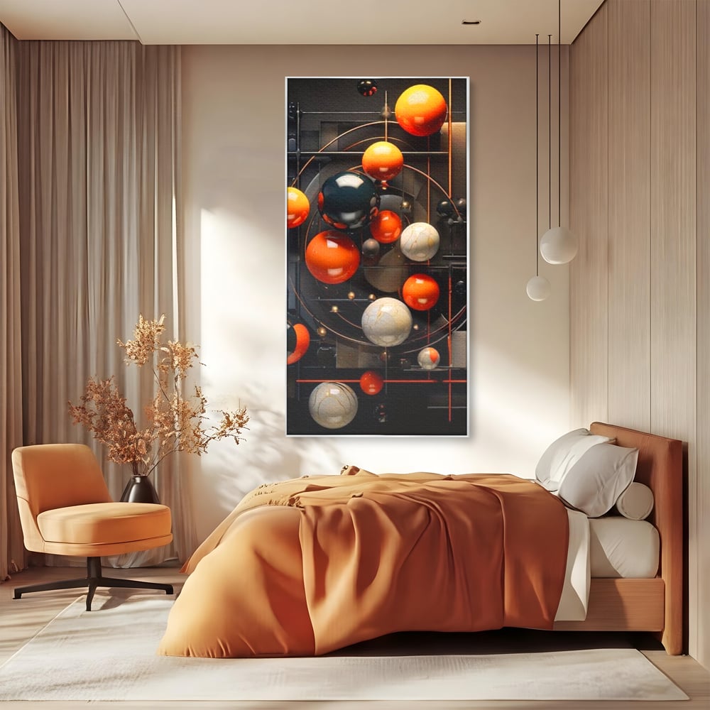 Tablou canvas cu ilustratie abstracta cu planete si orbite, in rama de aluminiu argintiu, pe perete intr-un dormitor