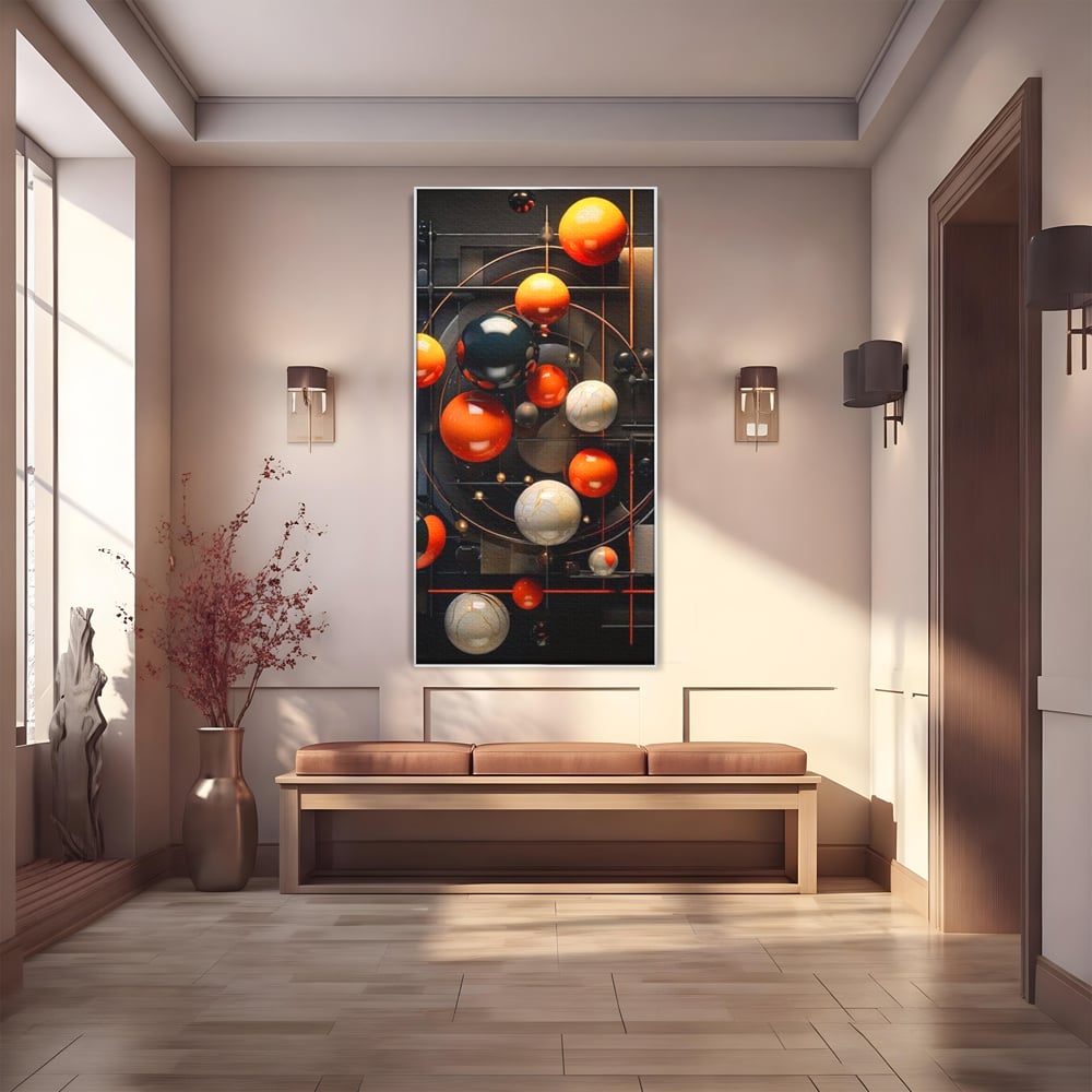 Tablou canvas cu ilustratie abstracta cu planete si orbite, in rama de aluminiu argintiu