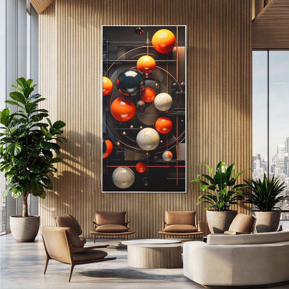 Tablou canvas cu ilustratie abstracta cu planete si orbite, in rama de aluminiu argintiu, pe perete intr-un birou