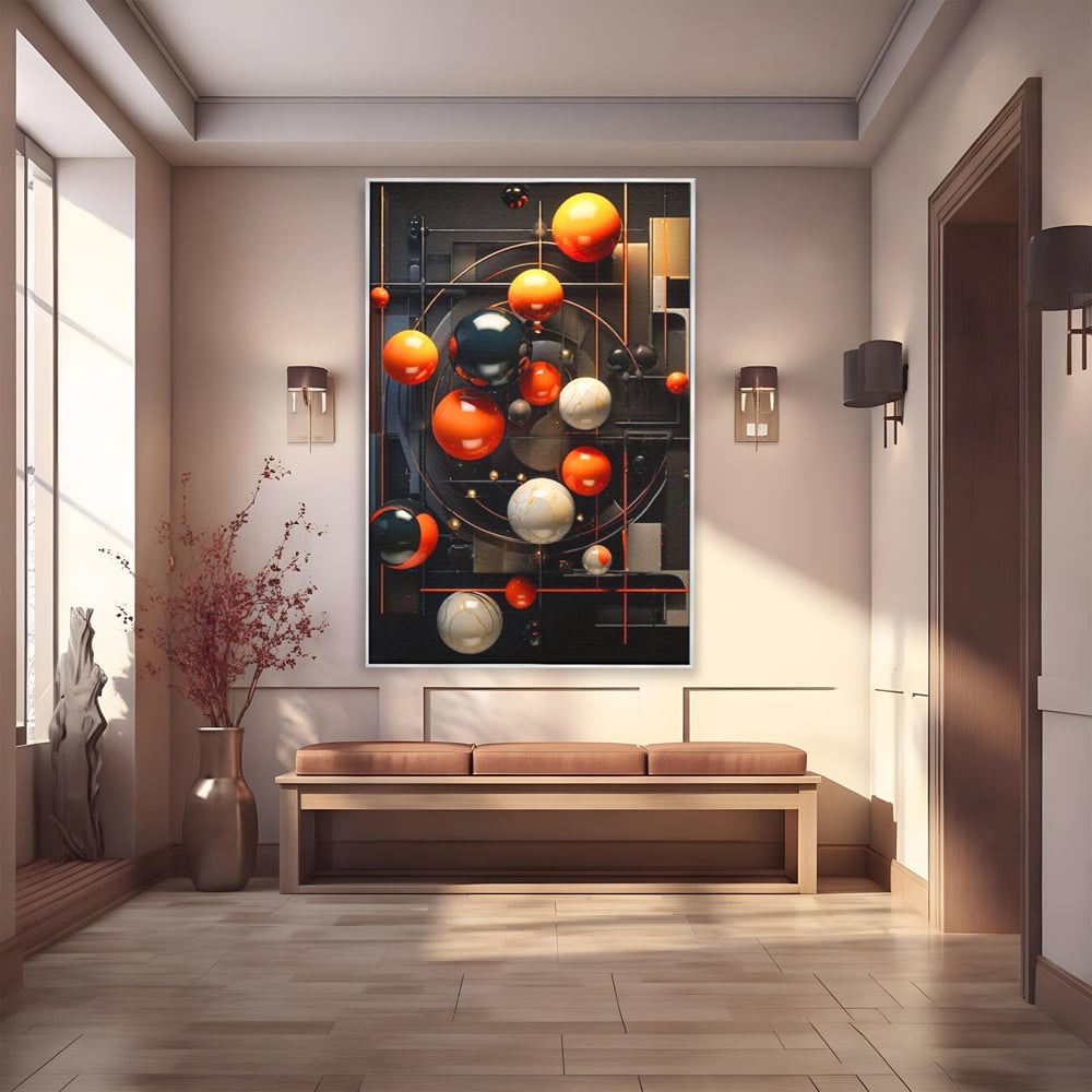 Tablou canvas cu ilustratie abstracta cu planete si orbite, in rama de aluminiu argintiu