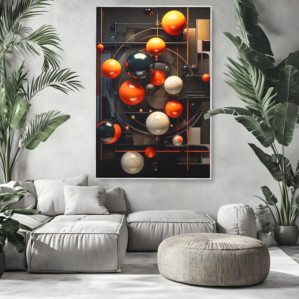 Tablou canvas cu ilustratie abstracta cu planete si orbite, in rama de aluminiu argintiu, pe perete intr-un living