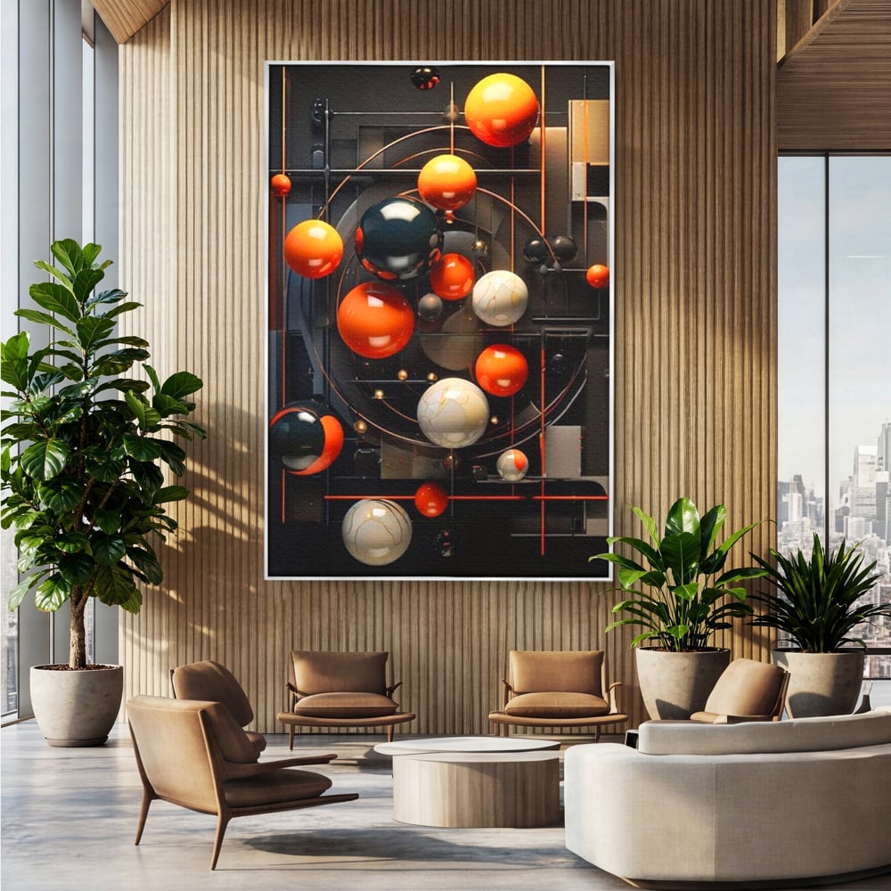 Tablou canvas cu ilustratie abstracta cu planete si orbite, in rama de aluminiu argintiu, pe perete intr-un birou