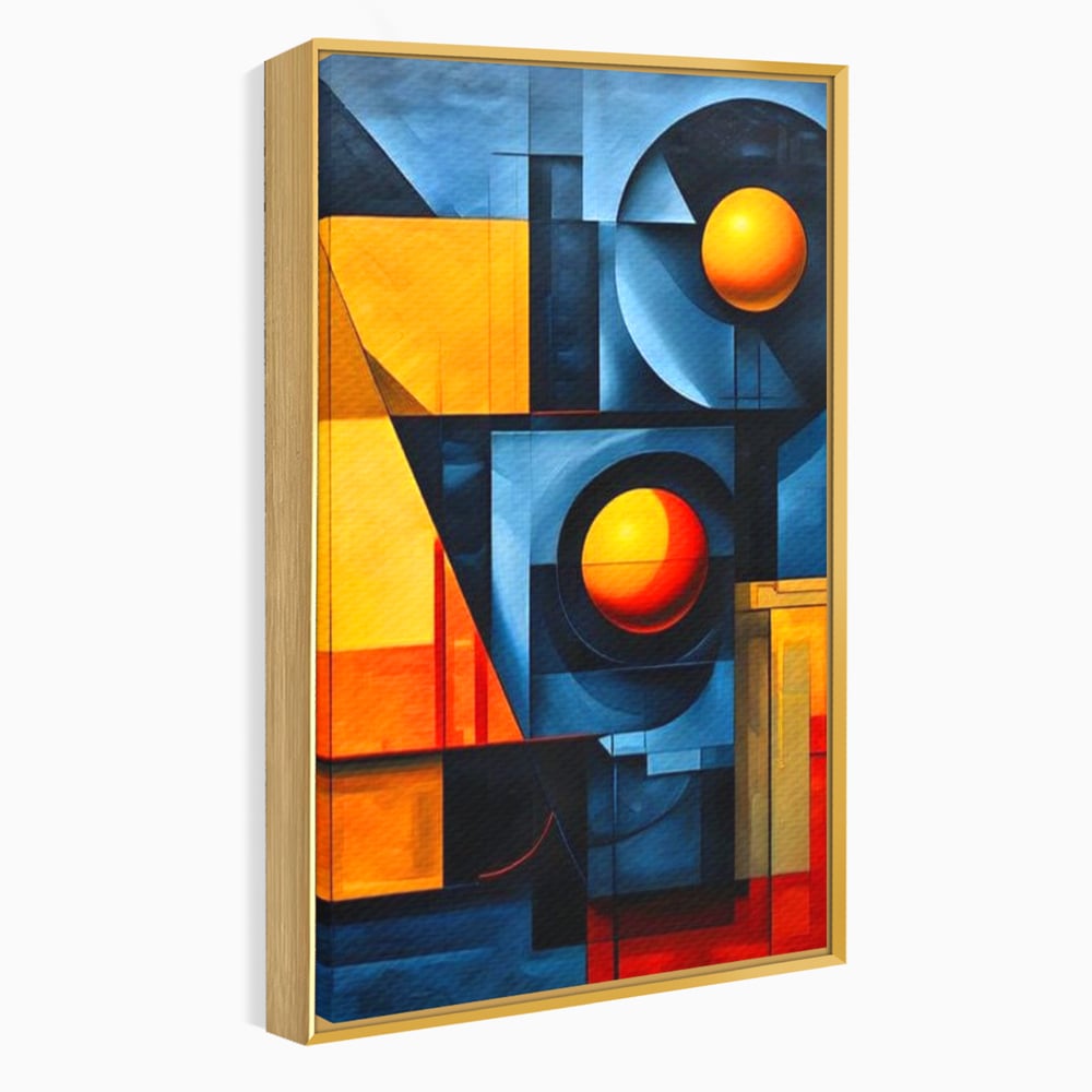 Tablou canvas cu pictura abstracta cu forme geometrice, in rama de aluminiu auriu