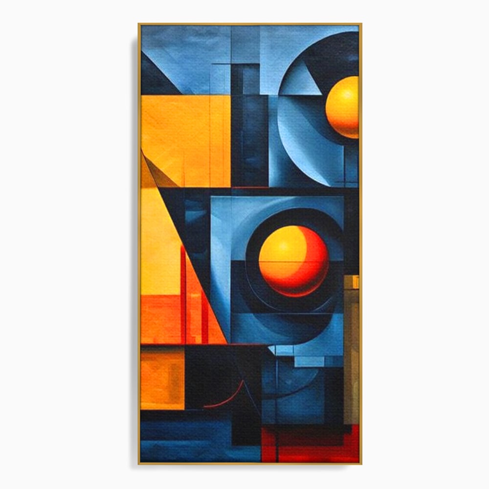 Tablou canvas cu pictura abstracta cu forme geometrice, in rama de aluminiu auriu