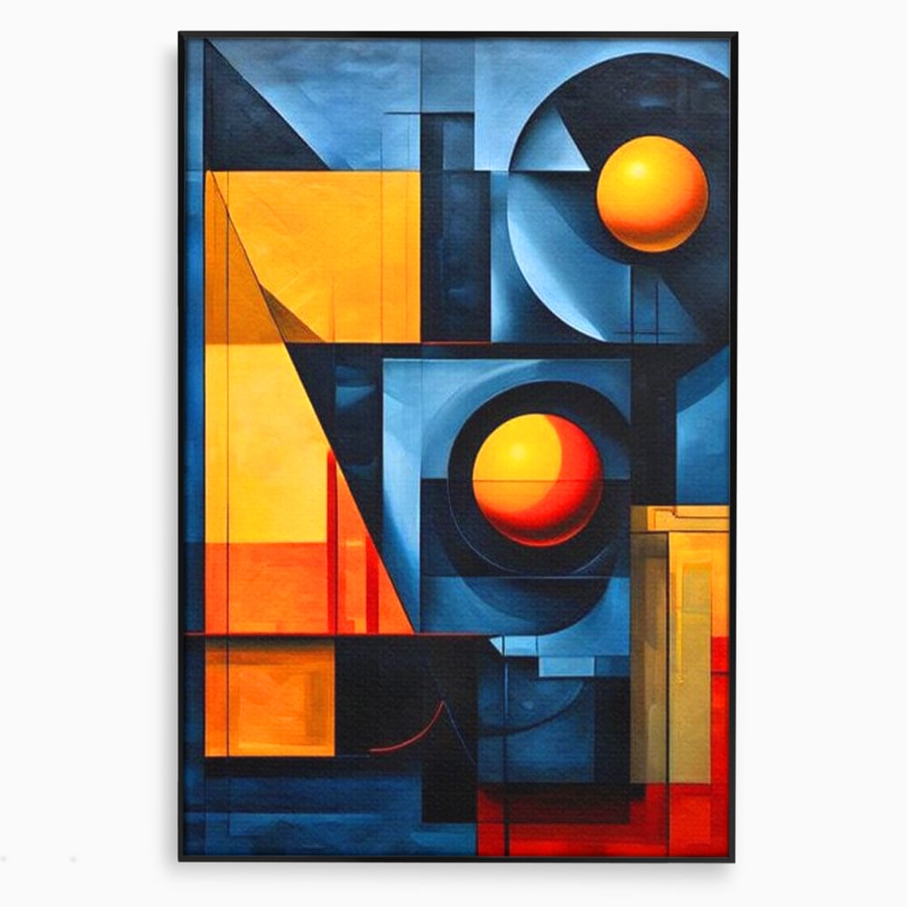 Tablou canvas cu pictura abstracta cu forme geometrice, in rama de aluminiu negru