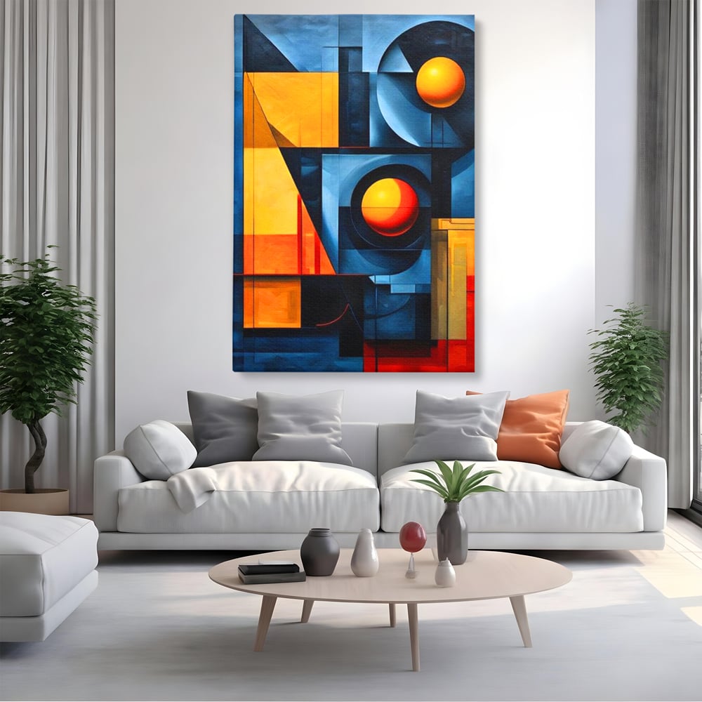 Tablou canvas cu pictura abstracta cu forme geometrice, fara rama, pe sasiu de lemn, pe perete intr-un living