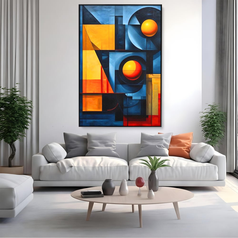Tablou canvas cu pictura abstracta cu forme geometrice, in rama de aluminiu negru, pe perete intr-un living