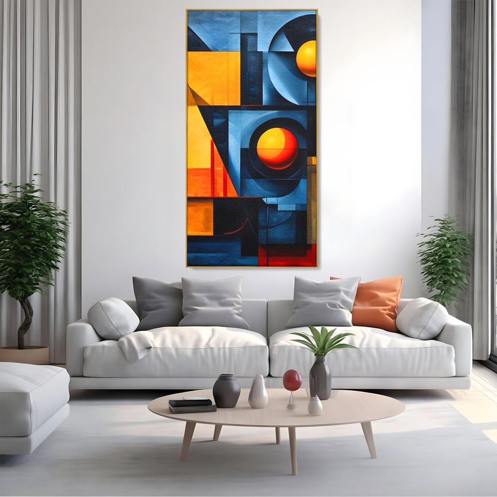 Tablou canvas cu pictura abstracta cu forme geometrice, in rama de aluminiu auriu, pe perete intr-un living