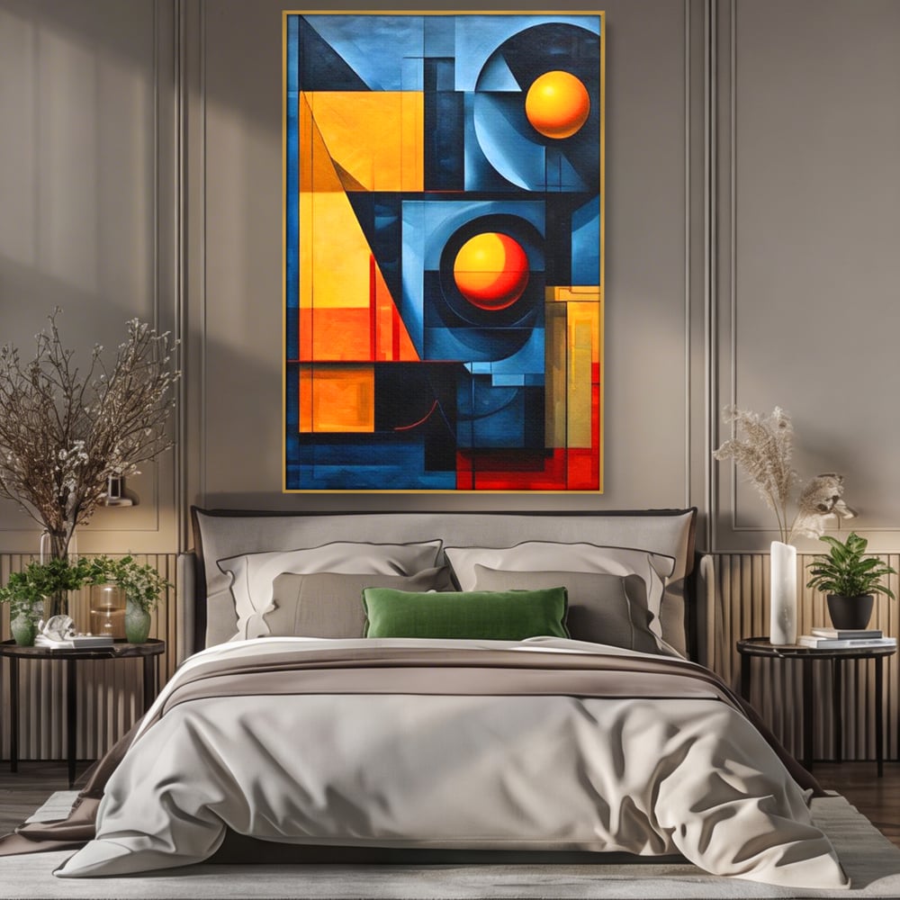 Tablou canvas cu pictura abstracta cu forme geometrice, in rama de aluminiu auriu, pe perete intr-un dormitor