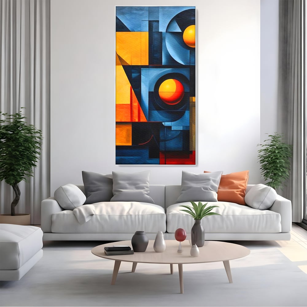 Tablou canvas cu pictura abstracta cu forme geometrice, in rama de aluminiu argintiu, pe perete intr-un living