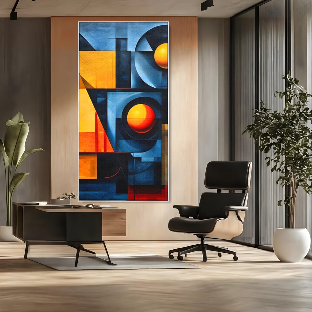 Tablou canvas cu pictura abstracta cu forme geometrice, in rama de aluminiu argintiu, pe perete intr-un birou