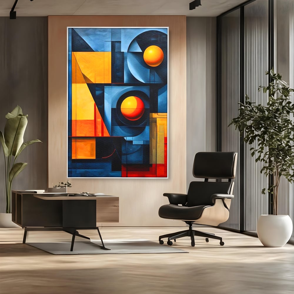 Tablou canvas cu pictura abstracta cu forme geometrice, in rama de aluminiu argintiu, pe perete intr-un birou