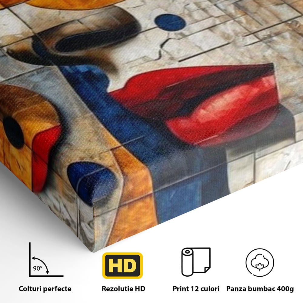Detaliu al suprafetei: tablou canvas cu portret abstract in stil mozaic, fara rama, pe sasiu de lemn
