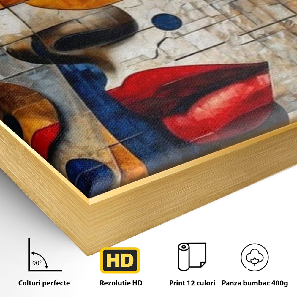 Detaliu al suprafetei: tablou canvas cu portret abstract in stil mozaic, in rama de aluminiu auriu