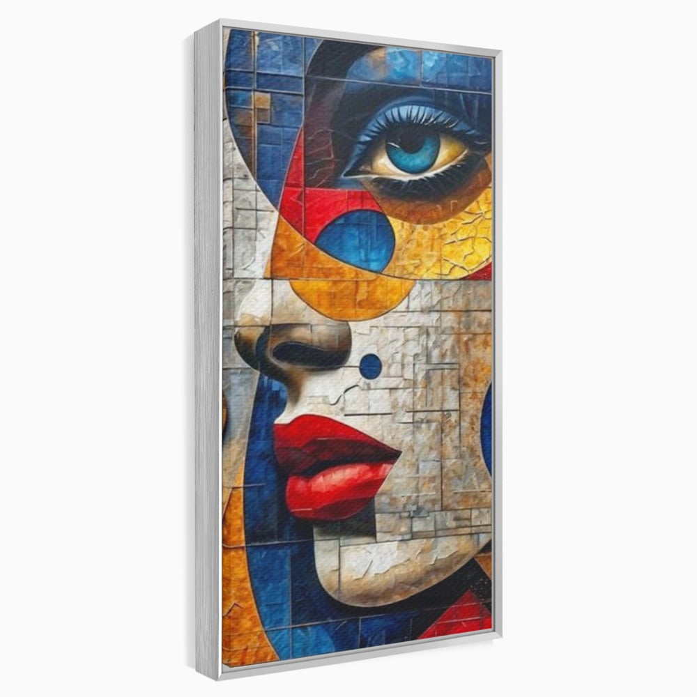 Tablou canvas cu tablou canvas cu portret abstract in stil mozaic, in rama de aluminiu argintiu