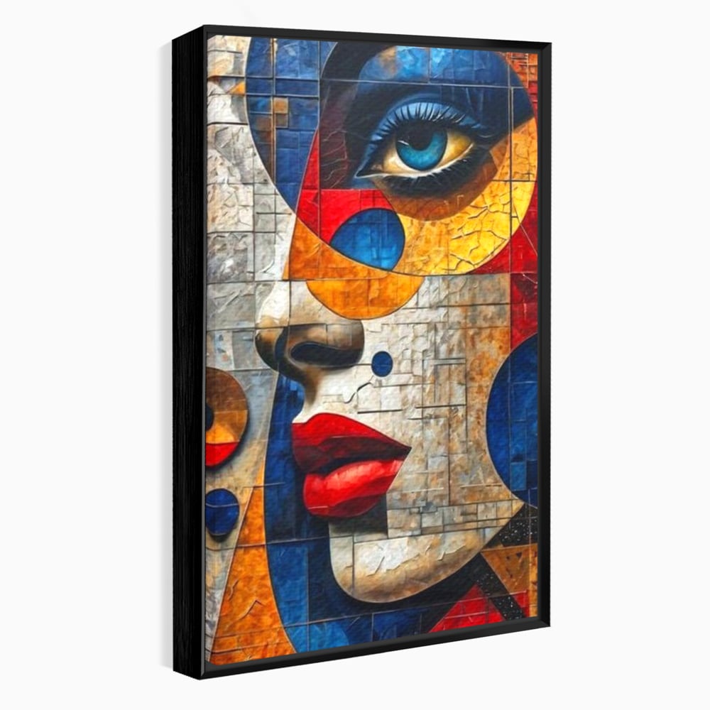 Tablou canvas cu tablou canvas cu portret abstract in stil mozaic, in rama de aluminiu negru