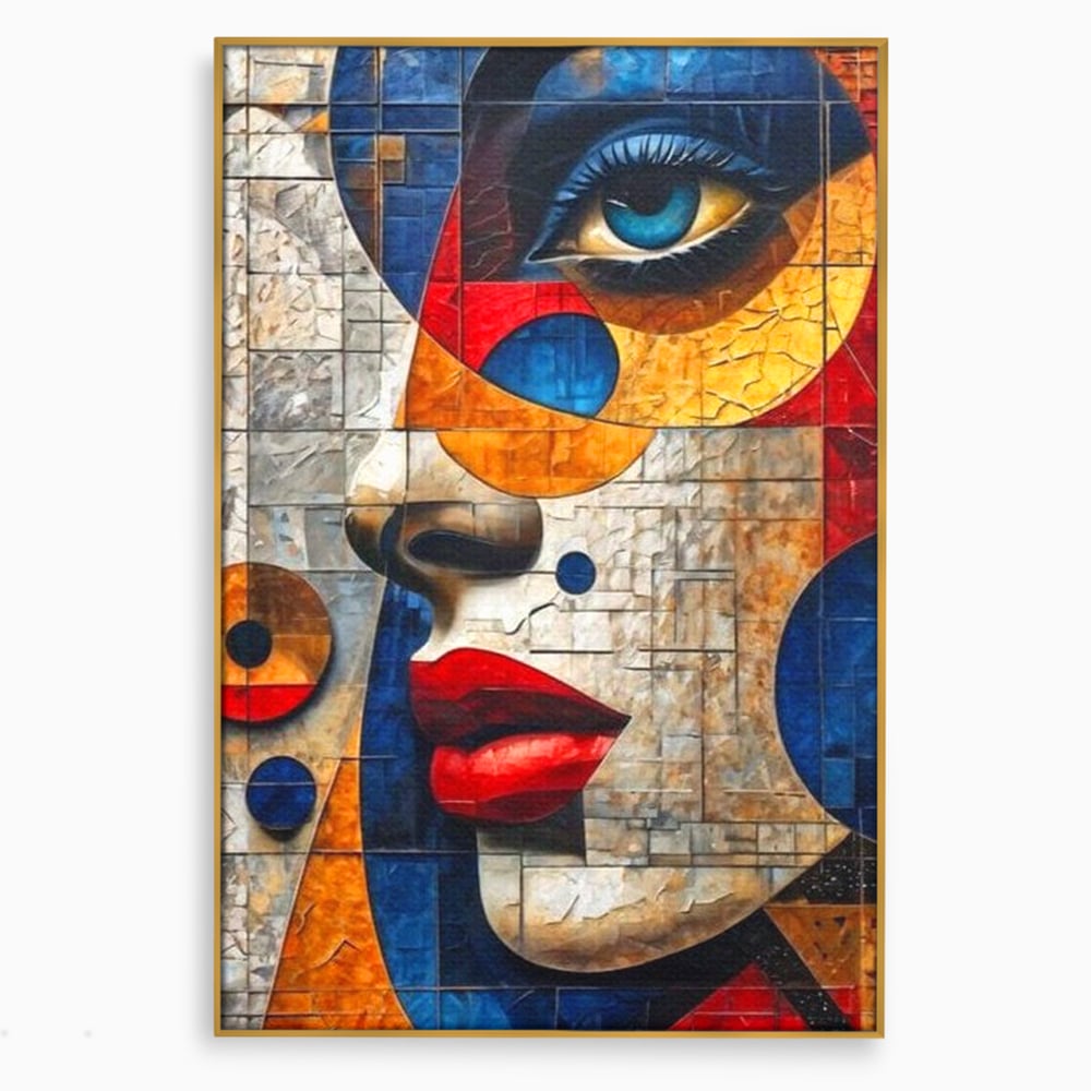 Tablou canvas cu tablou canvas cu portret abstract in stil mozaic, in rama de aluminiu auriu