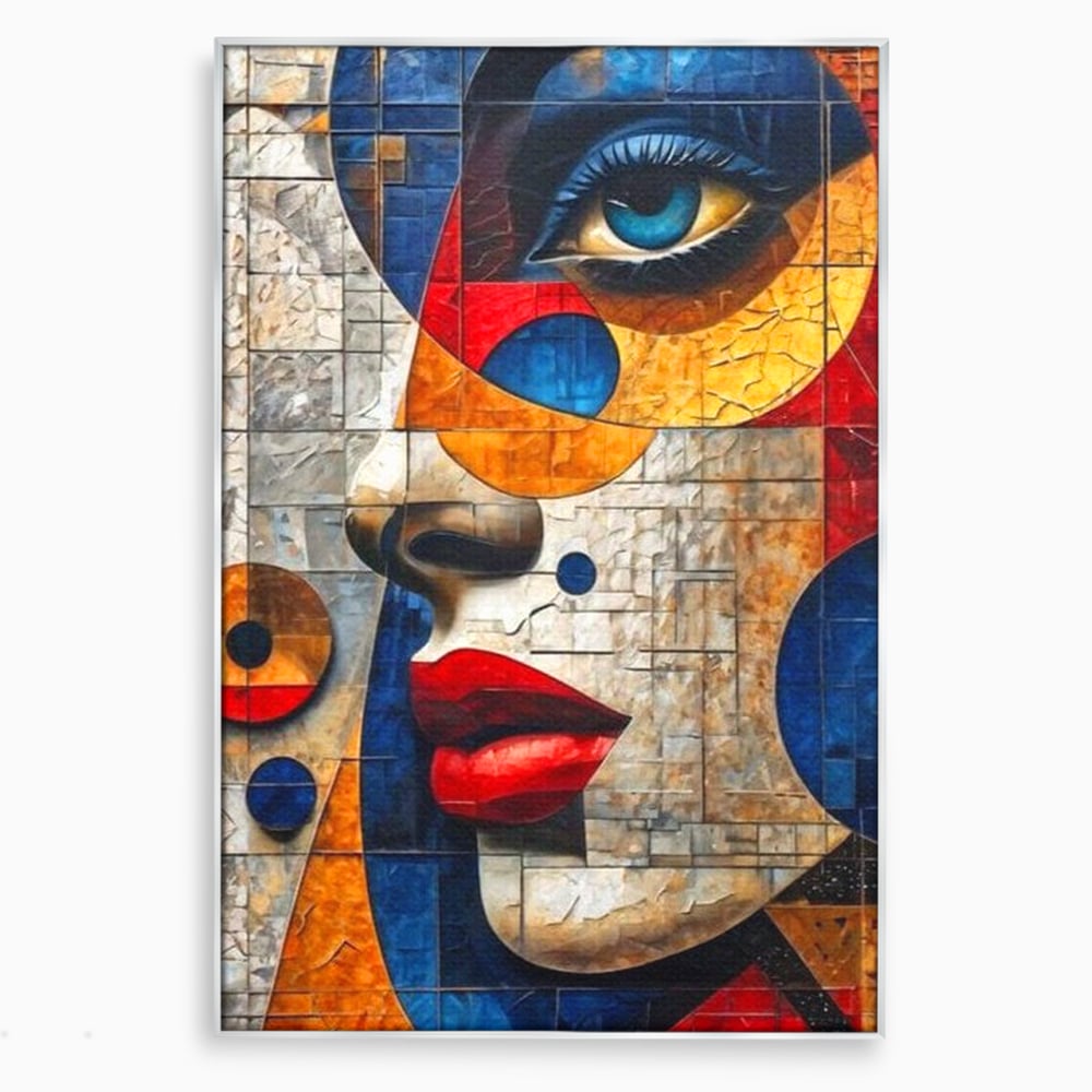 Tablou canvas cu tablou canvas cu portret abstract in stil mozaic, in rama de aluminiu argintiu