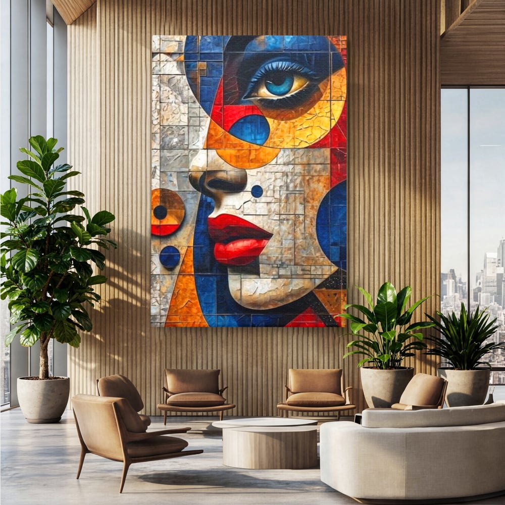 Tablou canvas cu tablou canvas cu portret abstract in stil mozaic, fara rama, pe sasiu de lemn, pe perete intr-un birou