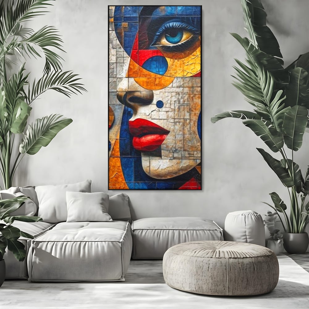 Tablou canvas cu tablou canvas cu portret abstract in stil mozaic, in rama de aluminiu negru, pe perete intr-un living