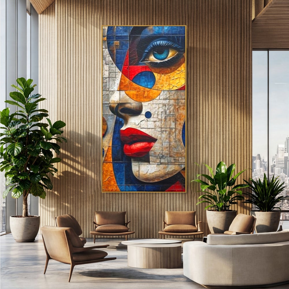 Tablou canvas cu tablou canvas cu portret abstract in stil mozaic, in rama de aluminiu auriu, pe perete intr-un birou