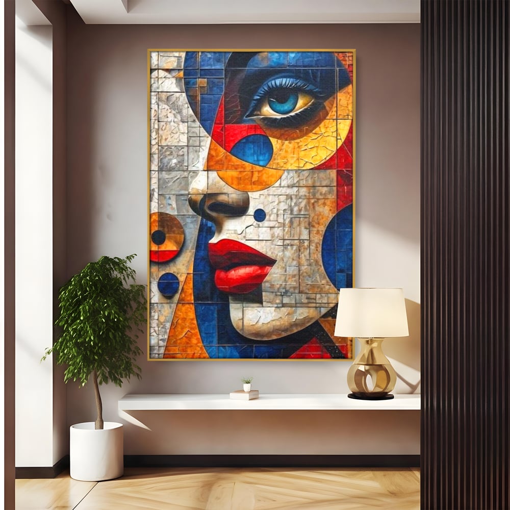 Tablou canvas cu tablou canvas cu portret abstract in stil mozaic, in rama de aluminiu auriu
