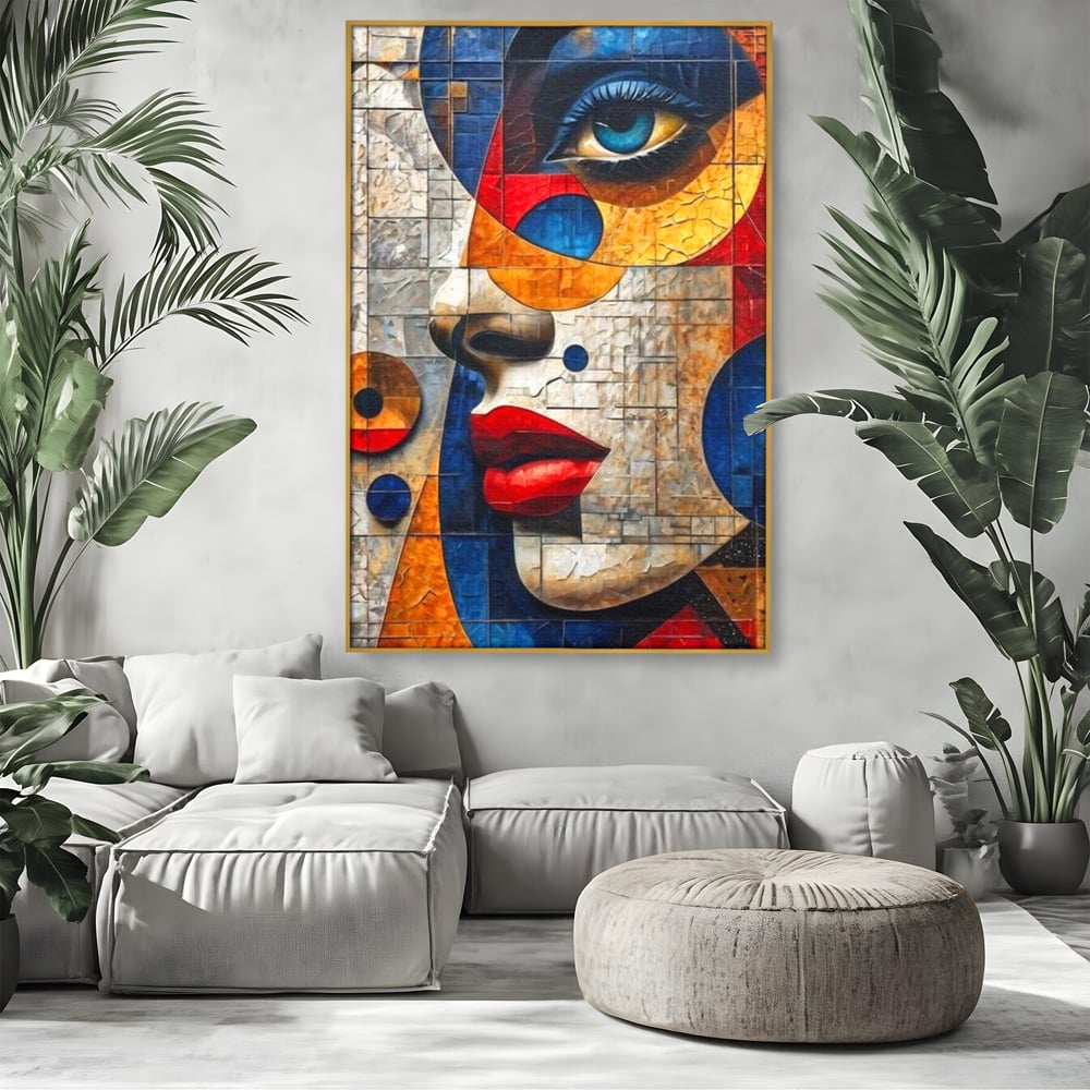 Tablou canvas cu tablou canvas cu portret abstract in stil mozaic, in rama de aluminiu auriu, pe perete intr-un living