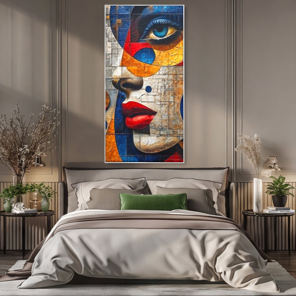 Tablou canvas cu tablou canvas cu portret abstract in stil mozaic, in rama de aluminiu argintiu, pe perete intr-un dormitor