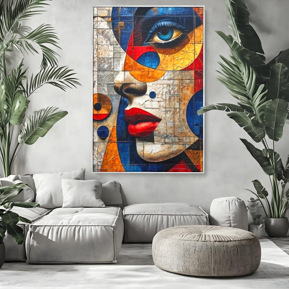 Tablou canvas cu tablou canvas cu portret abstract in stil mozaic, in rama de aluminiu argintiu, pe perete intr-un living