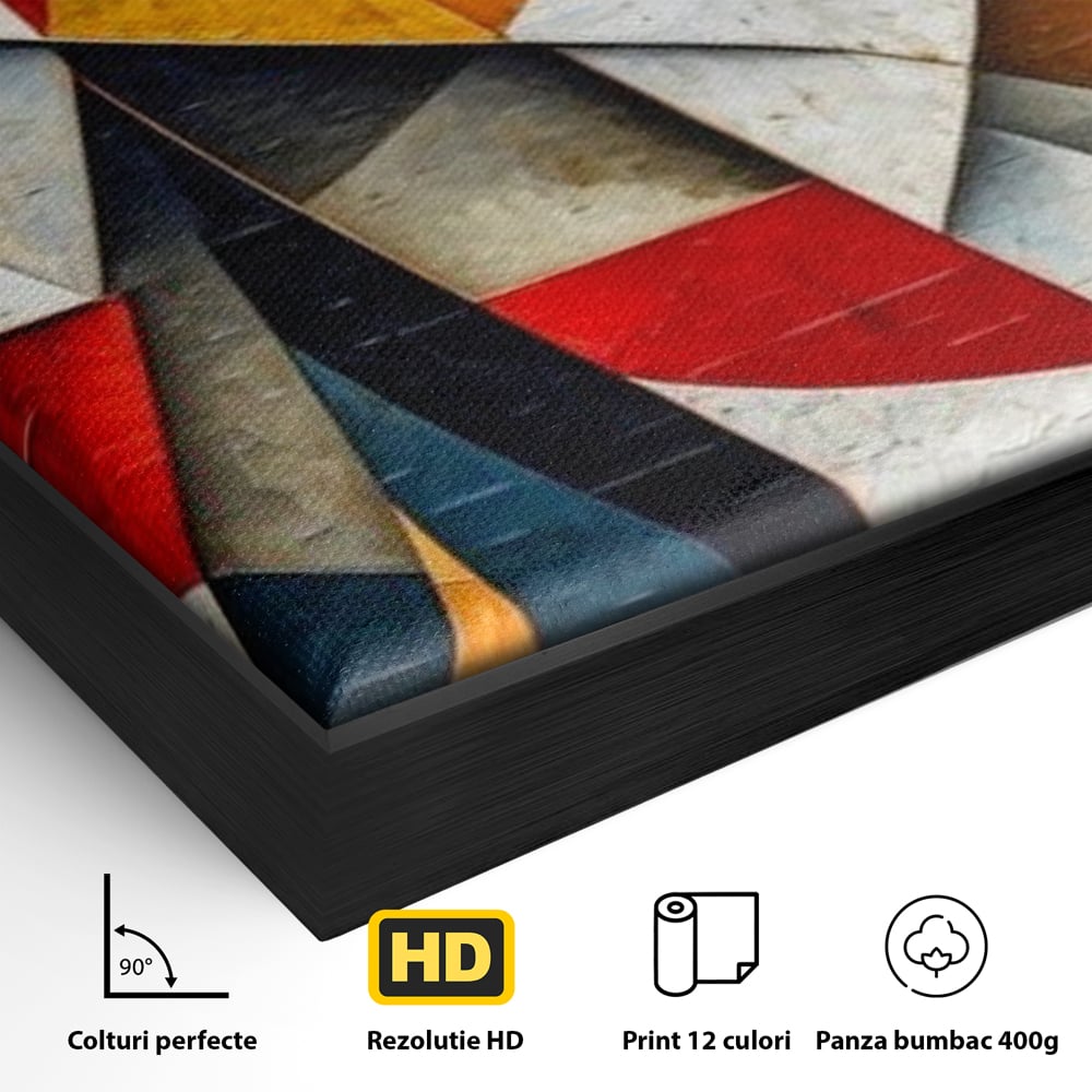 Detaliu al suprafetei: pictura abstracta cu forme geometrice, in rama de aluminiu negru
