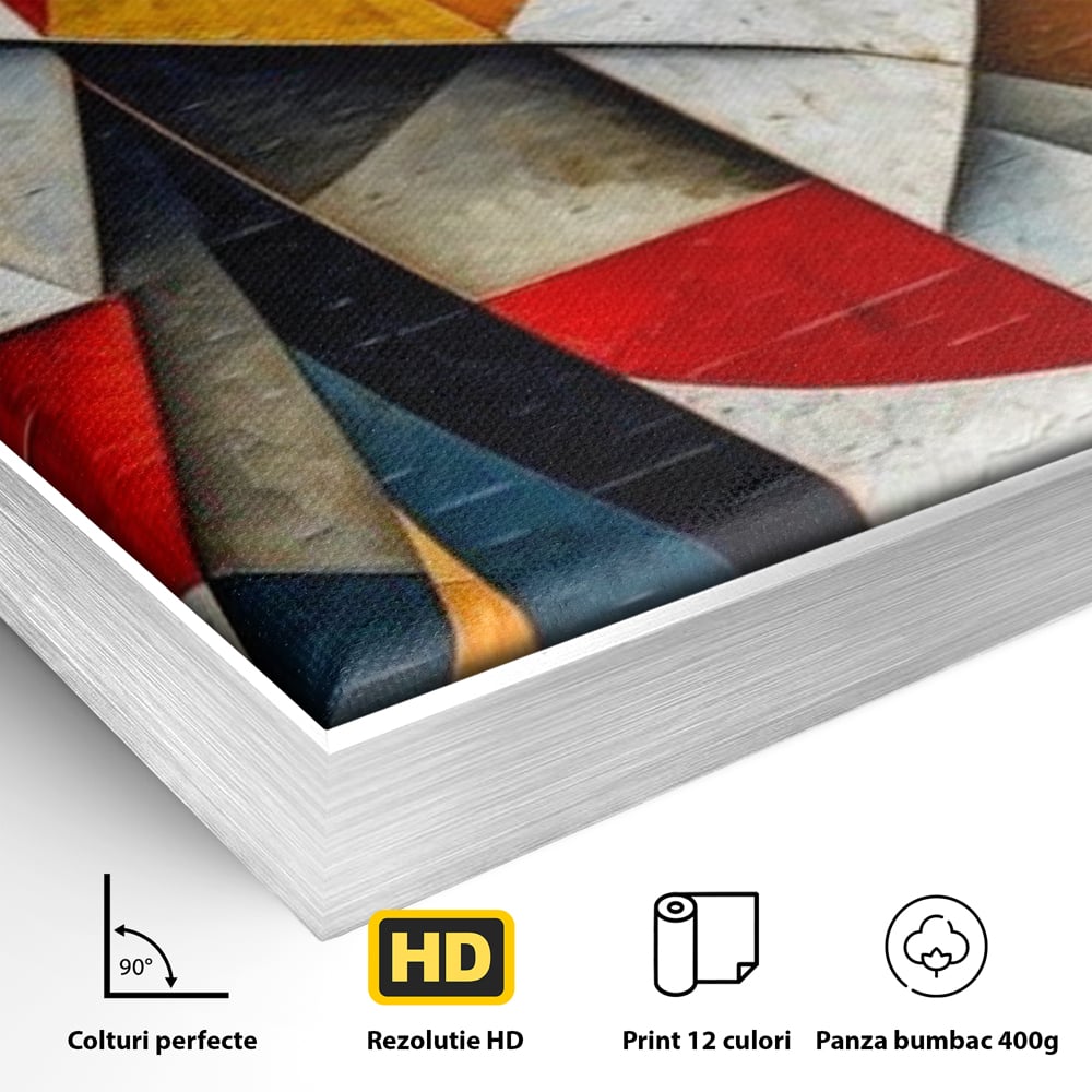 Detaliu al suprafetei: pictura abstracta cu forme geometrice, in rama de aluminiu argintiu