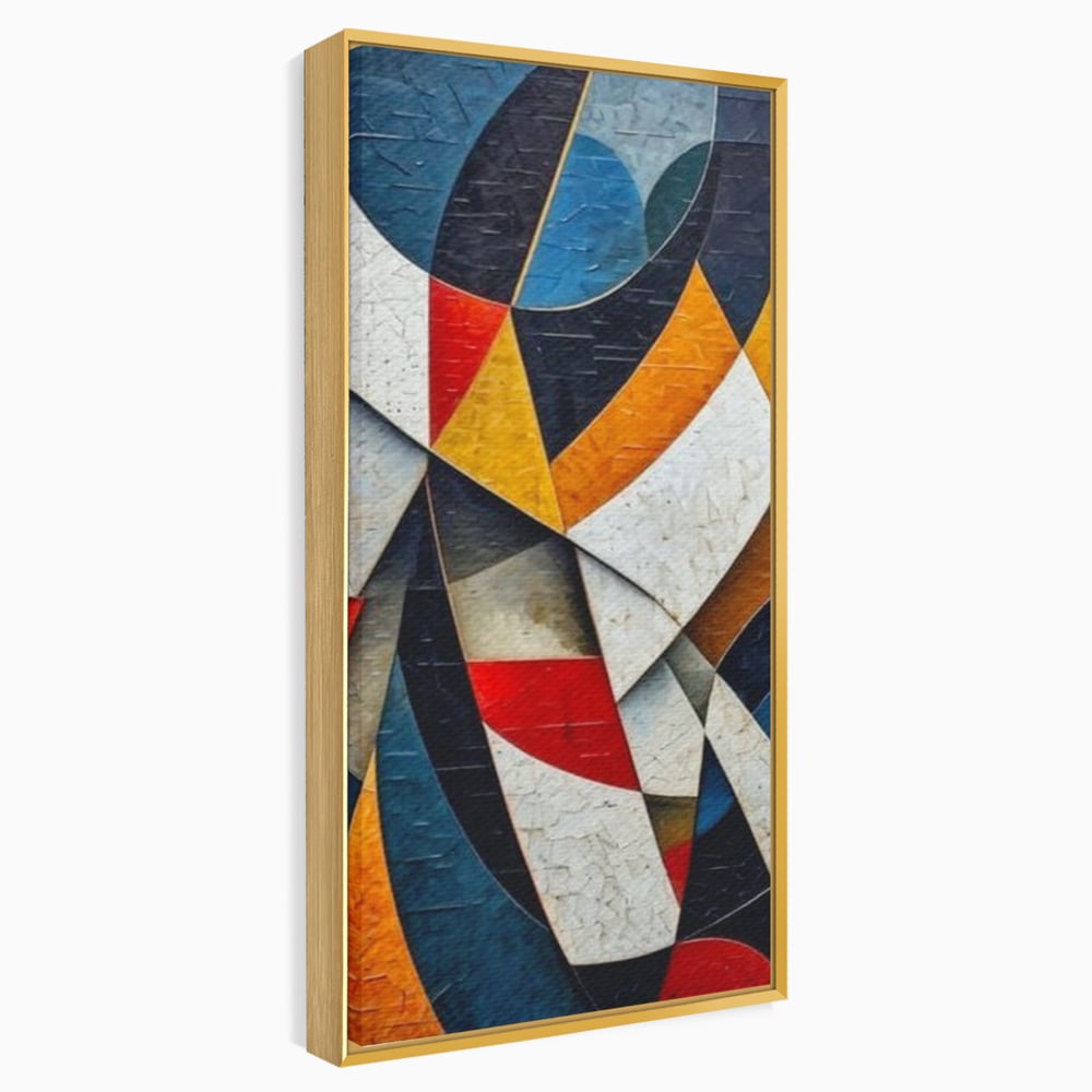 Tablou canvas cu pictura abstracta cu forme geometrice, in rama de aluminiu auriu
