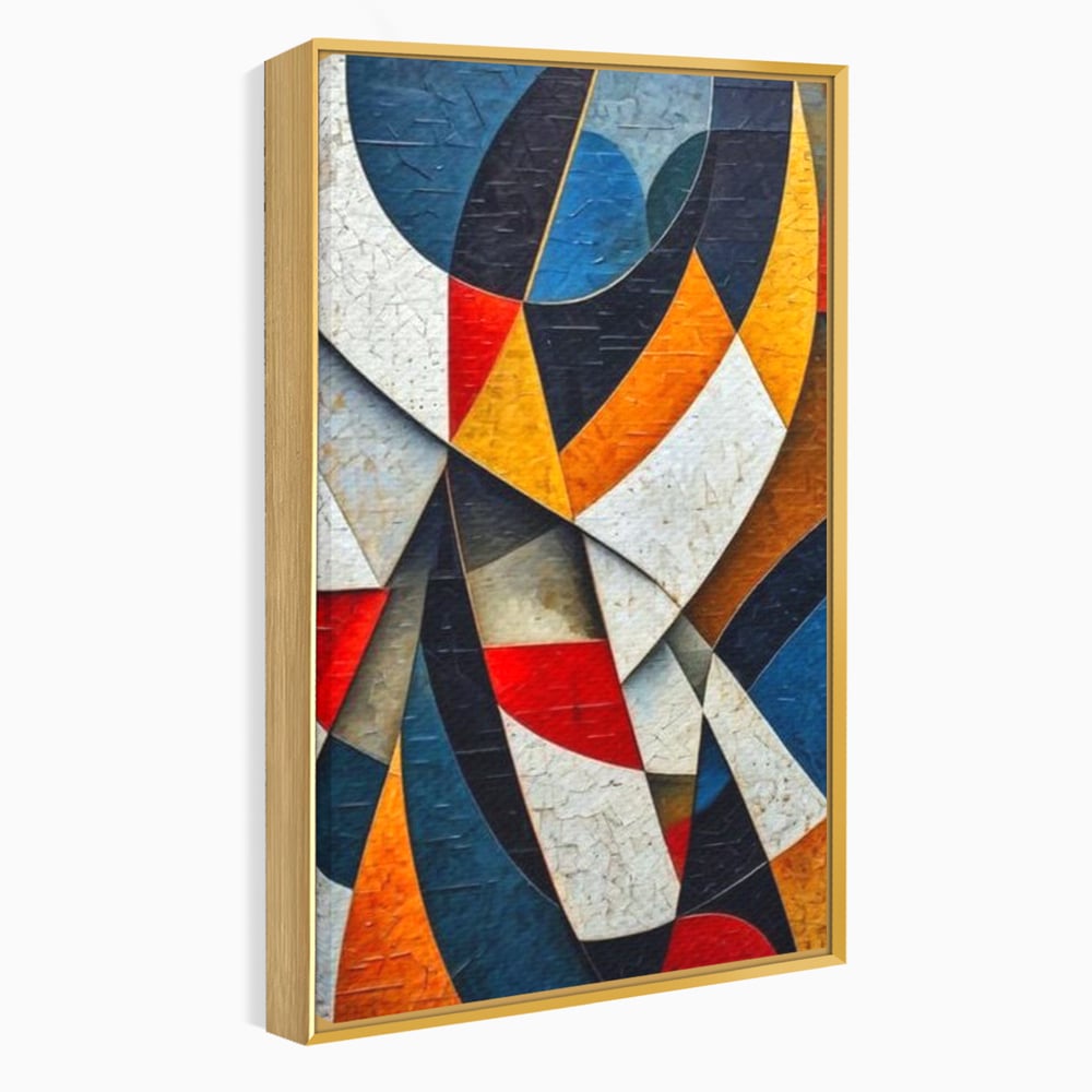 Tablou canvas cu pictura abstracta cu forme geometrice, in rama de aluminiu auriu