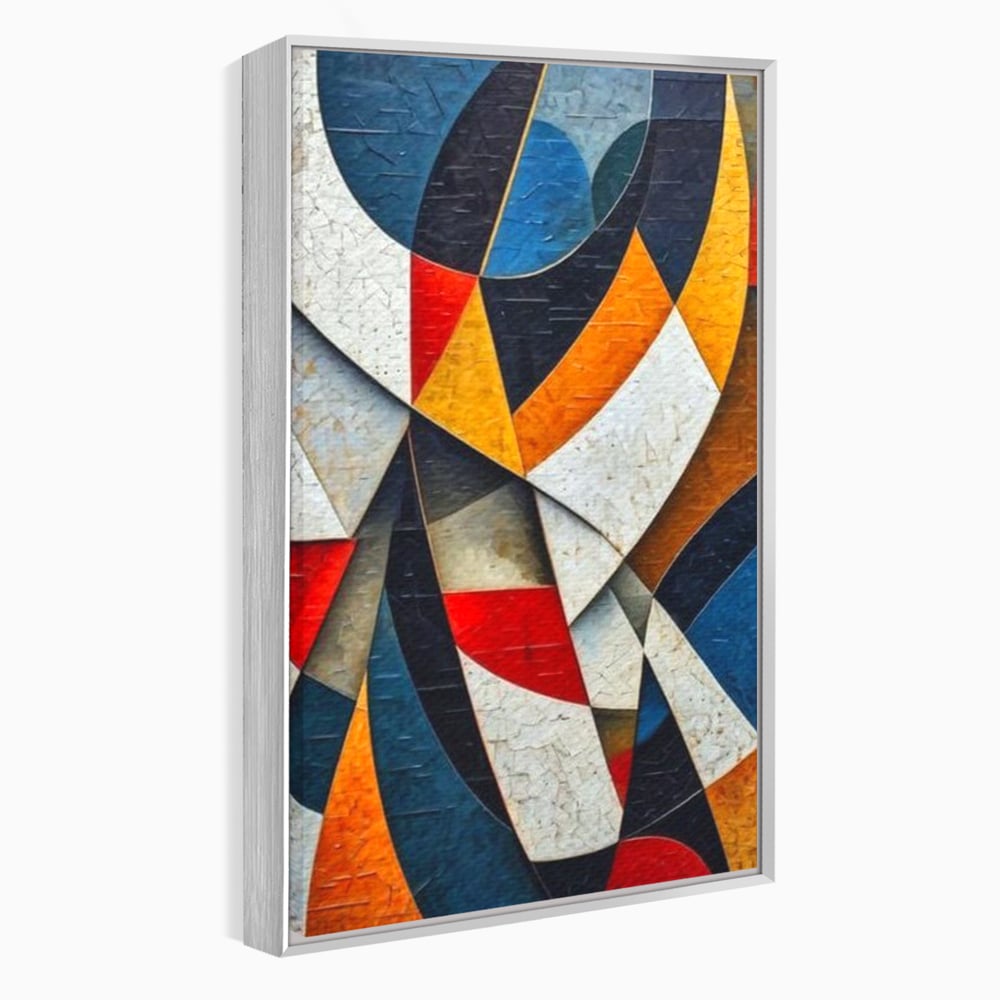 Tablou canvas cu pictura abstracta cu forme geometrice, in rama de aluminiu argintiu