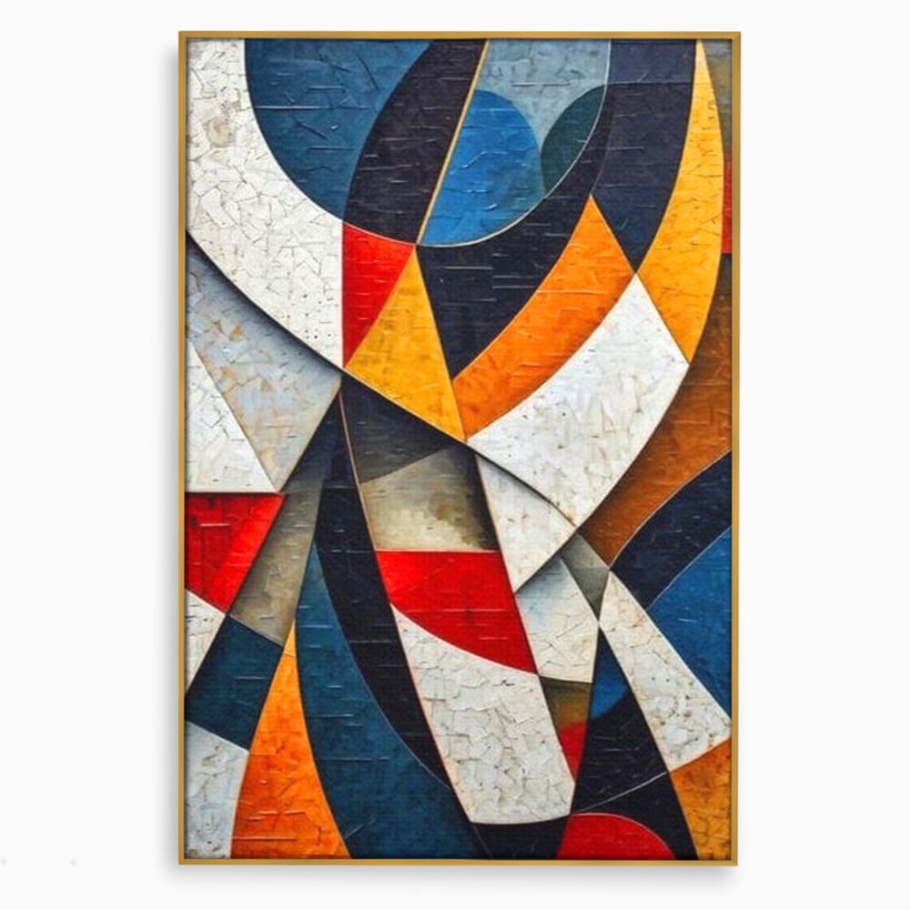 Tablou canvas cu pictura abstracta cu forme geometrice, in rama de aluminiu auriu